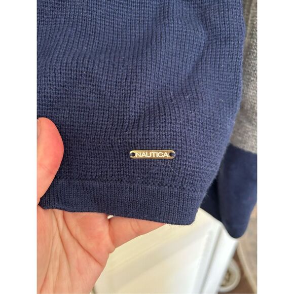 Nautica Navy Gray Colorblock Sweater Jacket Cardigan Gold Buttons, Sz Large - Picture 5 of 12